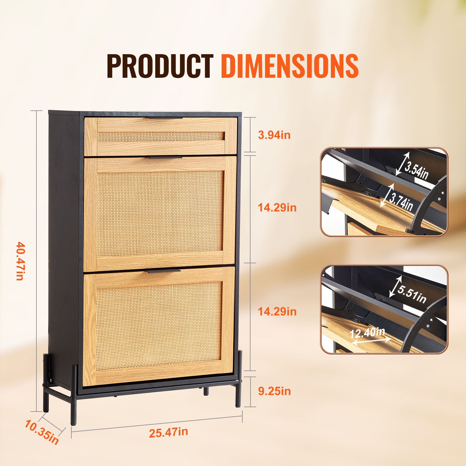Rattan Shoe Cabinet, Narrow Shoe Storage Organizer With 2 Flip Rattan Drawers & 1 Slide Drawer, Metal Legs, Slim Shoe Entryway Cabinet Ideal For Entryway, Closet, Hallway, Black_maomaolike.com